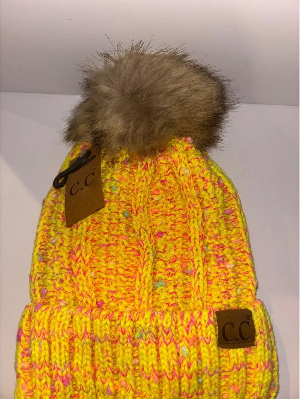 C.C Neon Yellow Pink Speckled Knit Beanie Faux Fur Pom NWT Winter Hat